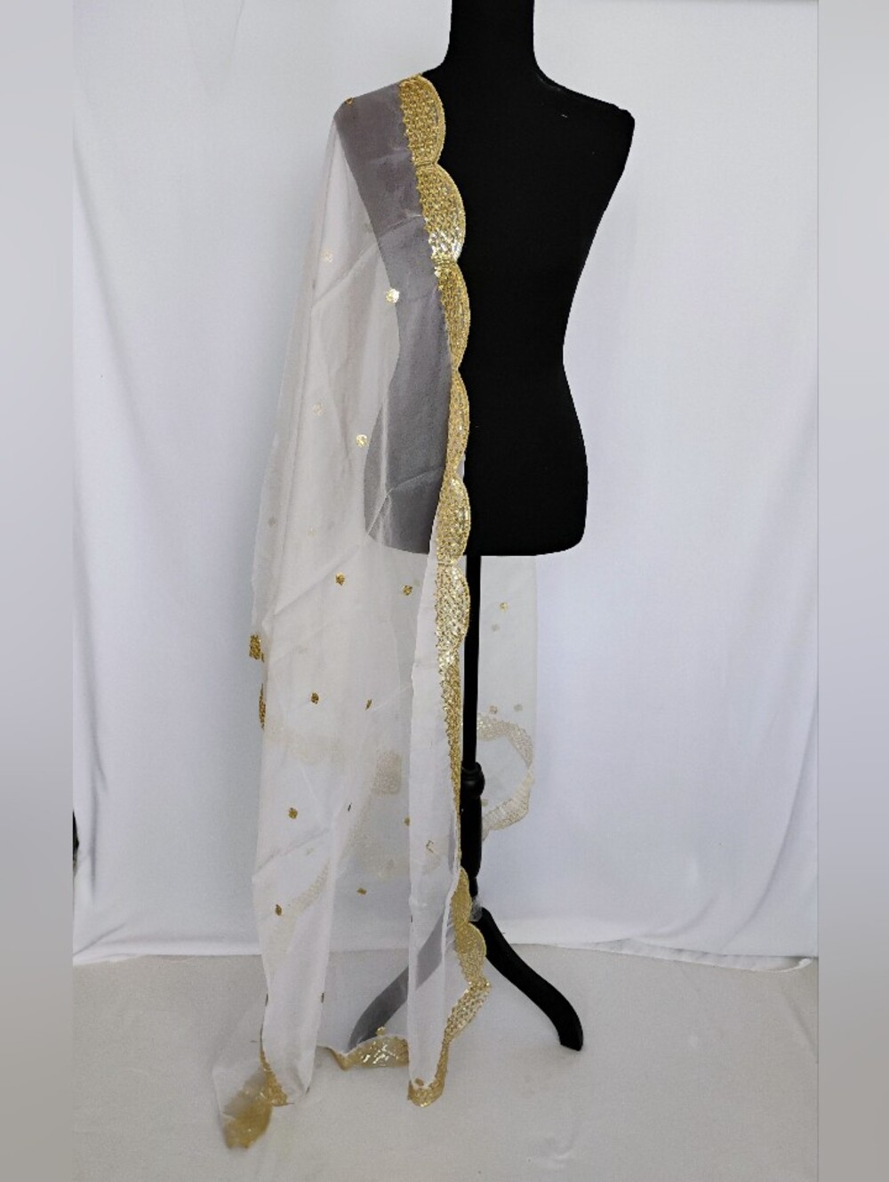 Gold Sequin Embroidered White Organza Dupatta